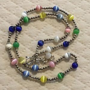 VTG Sterling Silver Multicolor Cats Eye Station Beaded Choker Necklace Extension